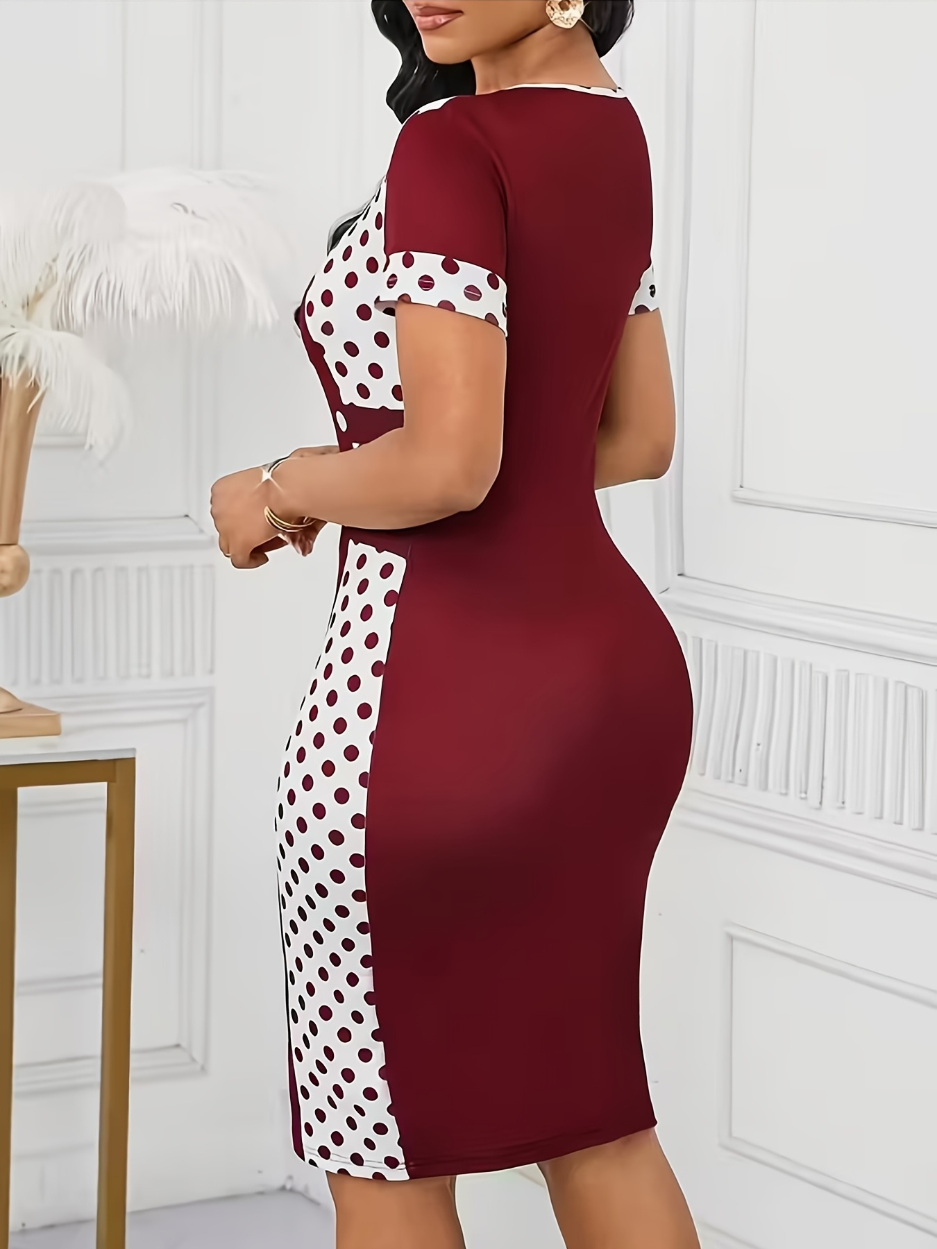 Elegant Popular Women'S Round Neck Geometric Print Elastic Slim Fit Hip Wrap Pencil Dress