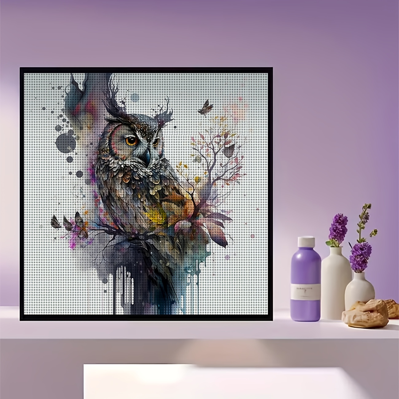 Cross Stitch Printed Kit, Frameless, Watercolor Owl And Floral Butterflies Design