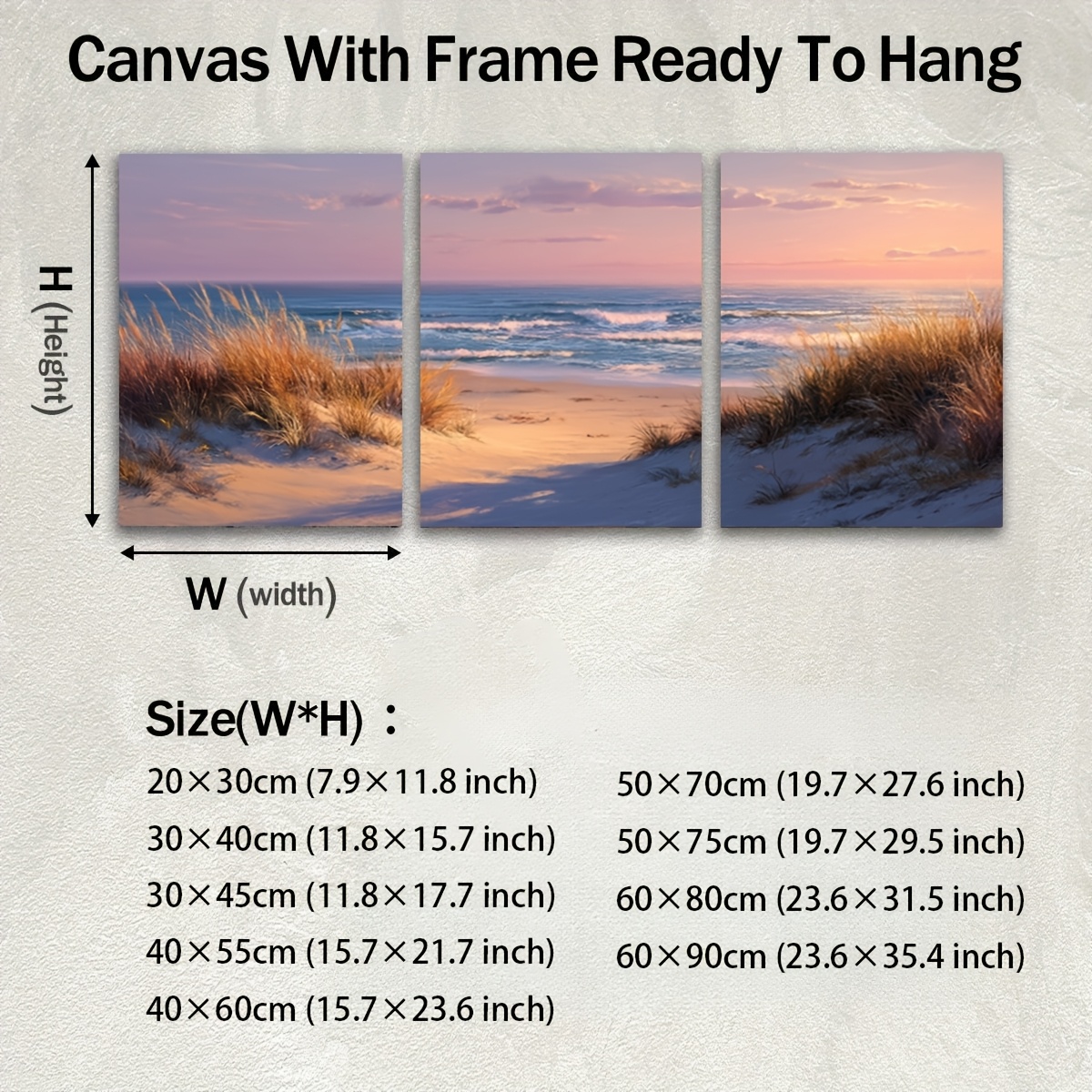 2D Flat, 2D Flat, 2D Flat Set of 3 Wooden-Framed Canvas Posters Featuring a   Coastal Landscape with an  , Beach  ,  , Grass, Waves, Sand, And    , 2D Flat