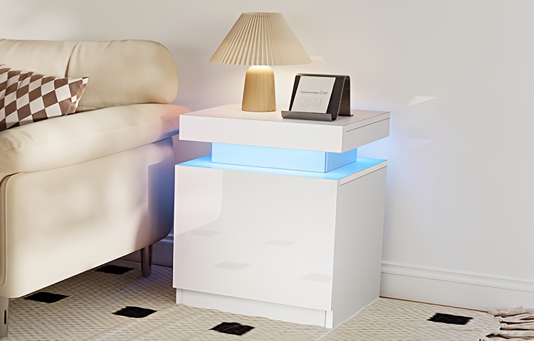 Living Room Side Table, Equipped With 16-color LED Light Strip, With A Cabinet, Easily Store Books, Alarm Clocks, Lamps, And Other Personal Items And Other Necessities, 17IN/White/2pcs, Ideal For Holiday Gifts