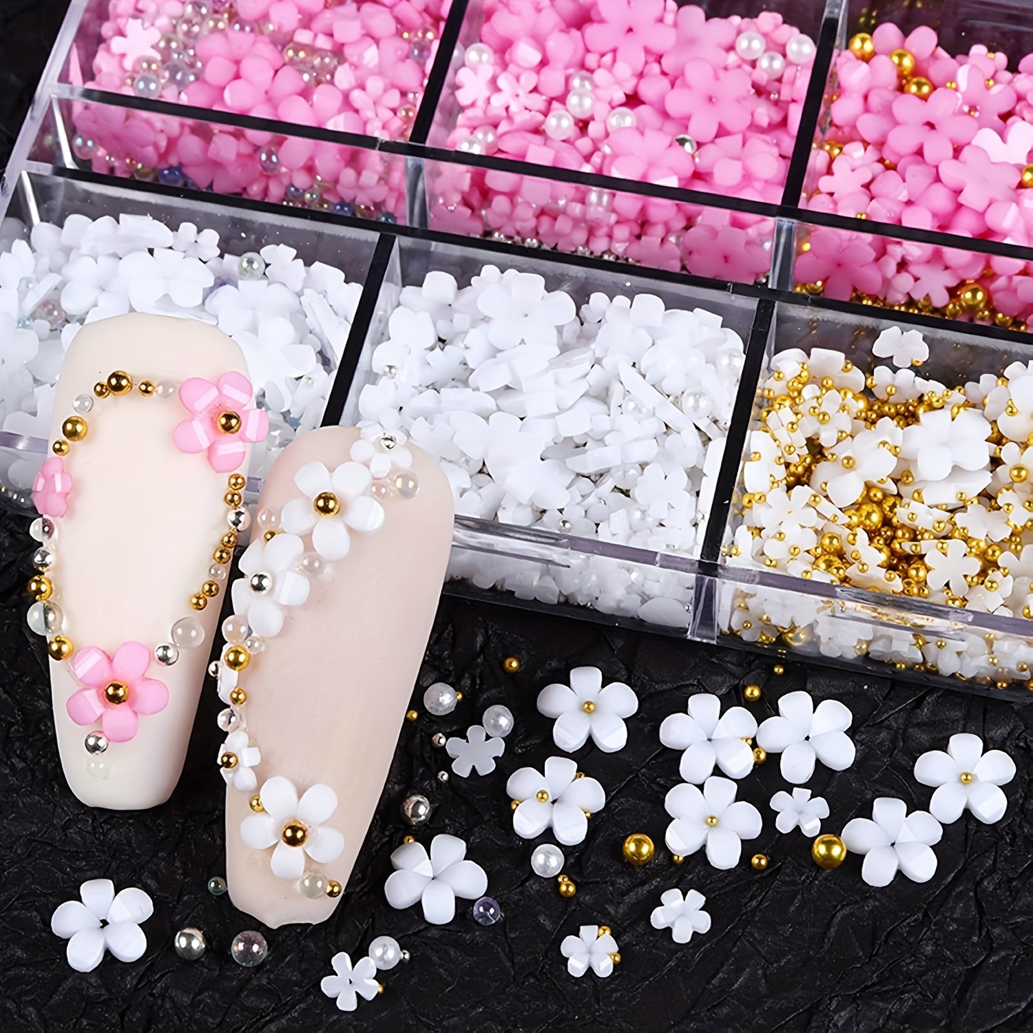 3d floral nail art decorations in white and   for acrylic nails   golden and silvery pearls rhinestones and spring   gems ideal for womens nail design accessories