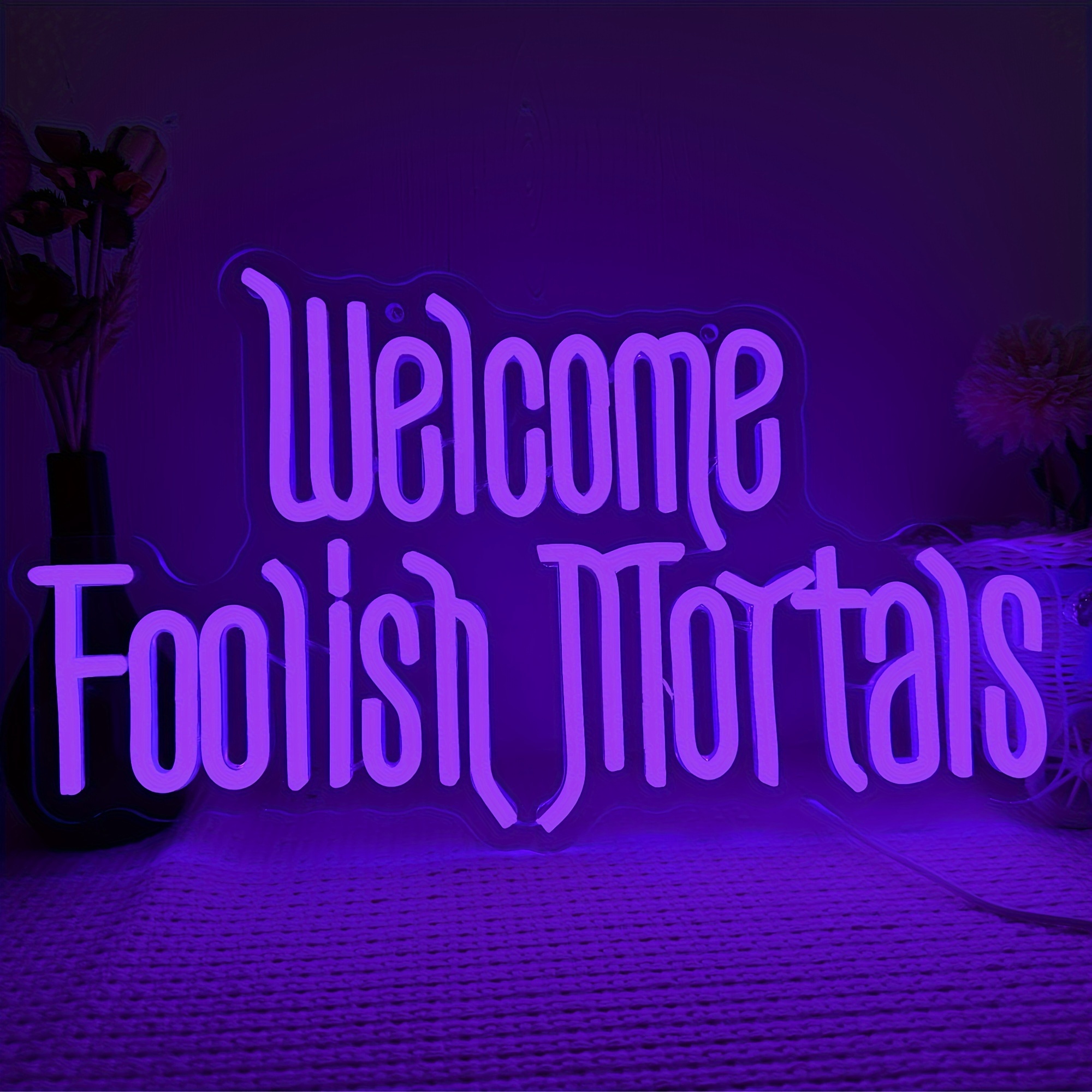 

Welcome Foolish Mortals" Neon Sign - Spooky Gothic Haunted Mansion Led Wall Decor, Usb Powered, Perfect For Halloween & Home Bar