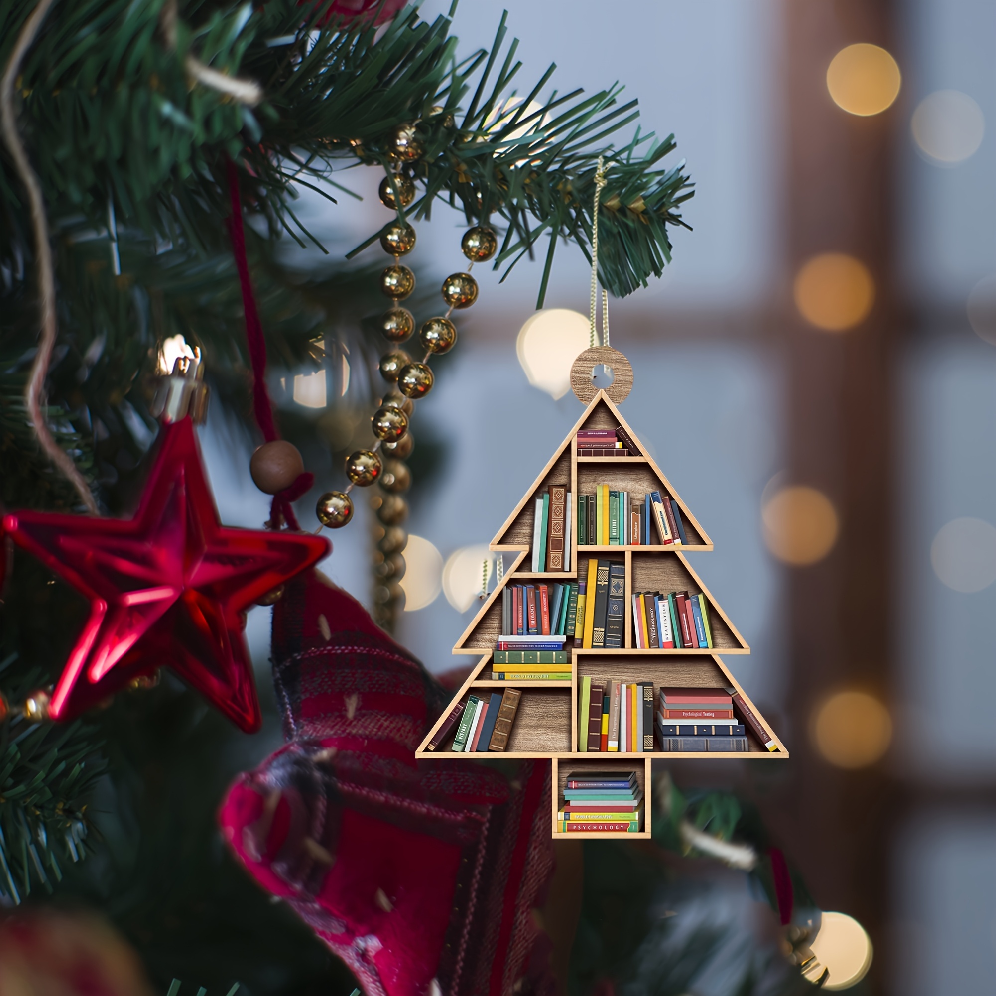 WAOTIER Book Lovers Heart Shaped Bookcase Christmas Wooden Ornament 2D Flat Reading Tree Decor Gifts Bookworm Librarian Car Accessories