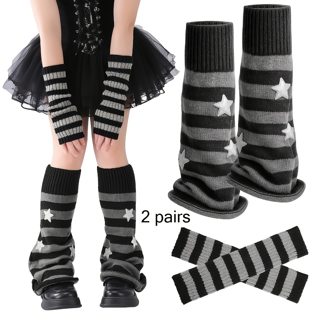TEMU 2 paires de chaussettes longues pour femme avec manchons côtelés et rayures, couvre-pieds et polyvalents, lot de chaussettes rétro et chaudes
