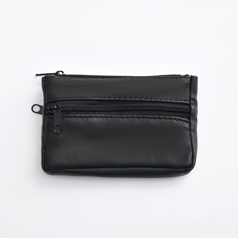 Image of Neutral Minimalist Style 3 Zipper Pocket Lambskin Coin Purse Card Holder Key Case Portable Small Clutch Storage Bag