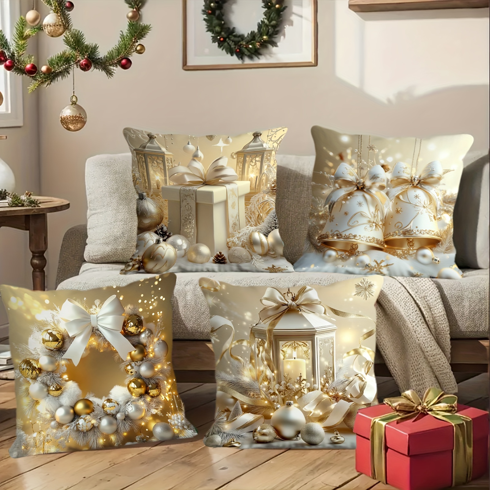 TEMU 4pcs Christmas Holiday Decorative Pillow Covers, Velvet Printed , Luxury Cushion Cases, -sided Print, Zippered, Washable For Room, Bedroom, Sofa – 100%