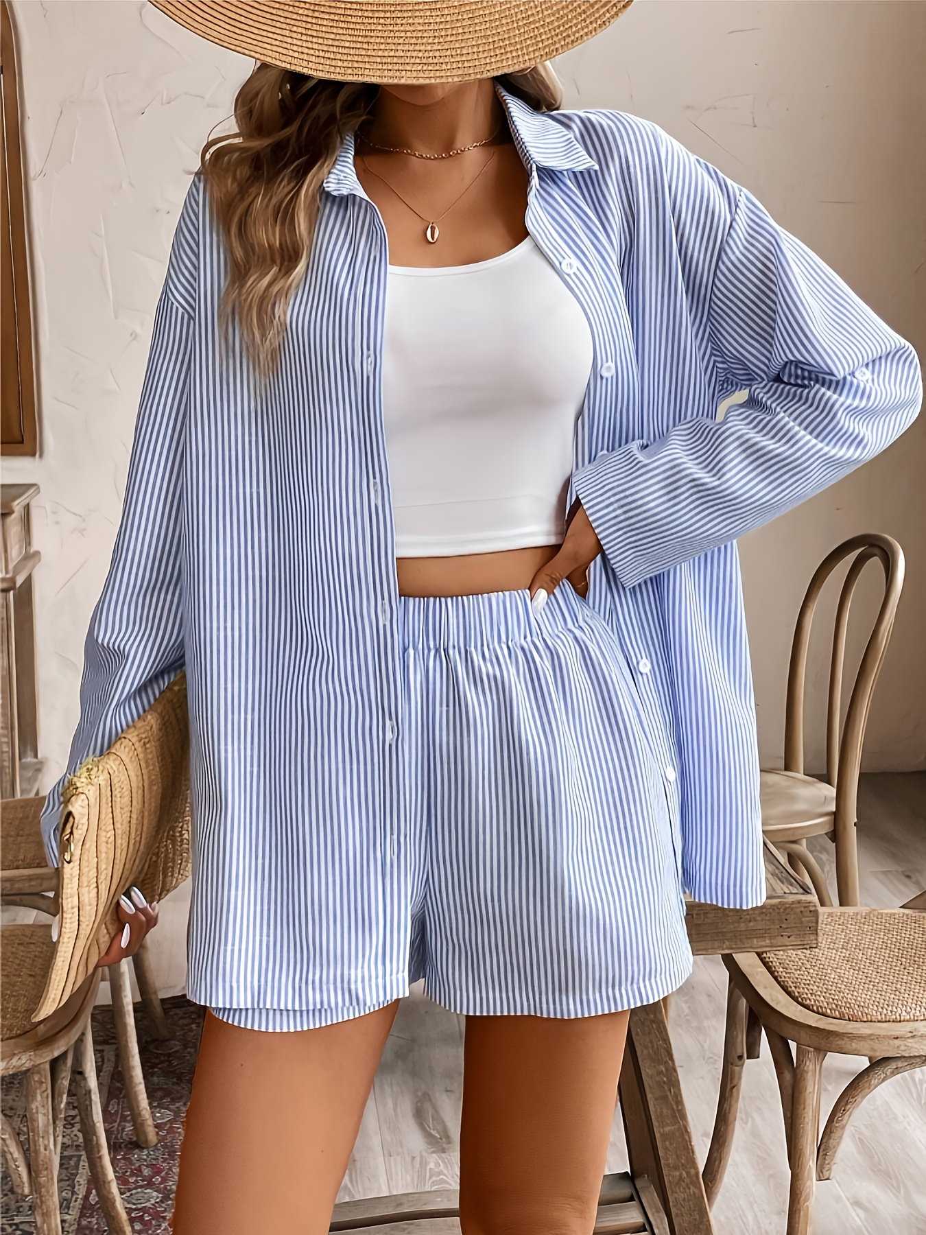 conjunto shorts camisa rayas verticales blancas Temu Dominican - Main Image