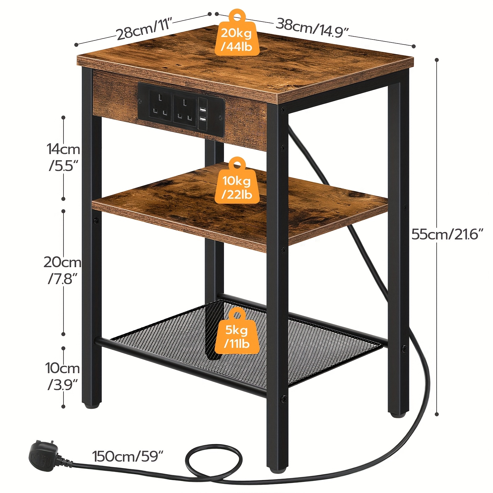 Brown Side Table with Charging Station and Adjustable Shelf