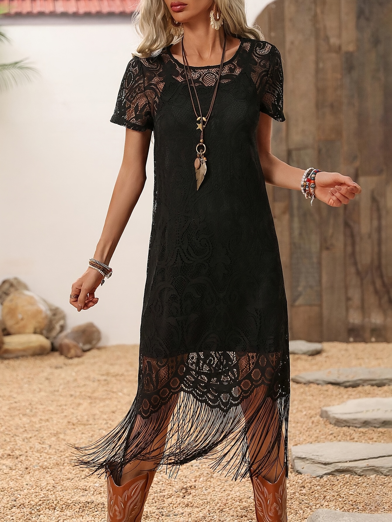 chinese dress ladies Midnight Mystique Black Lace Fringe Dress – Rouge Couture Co main image 0