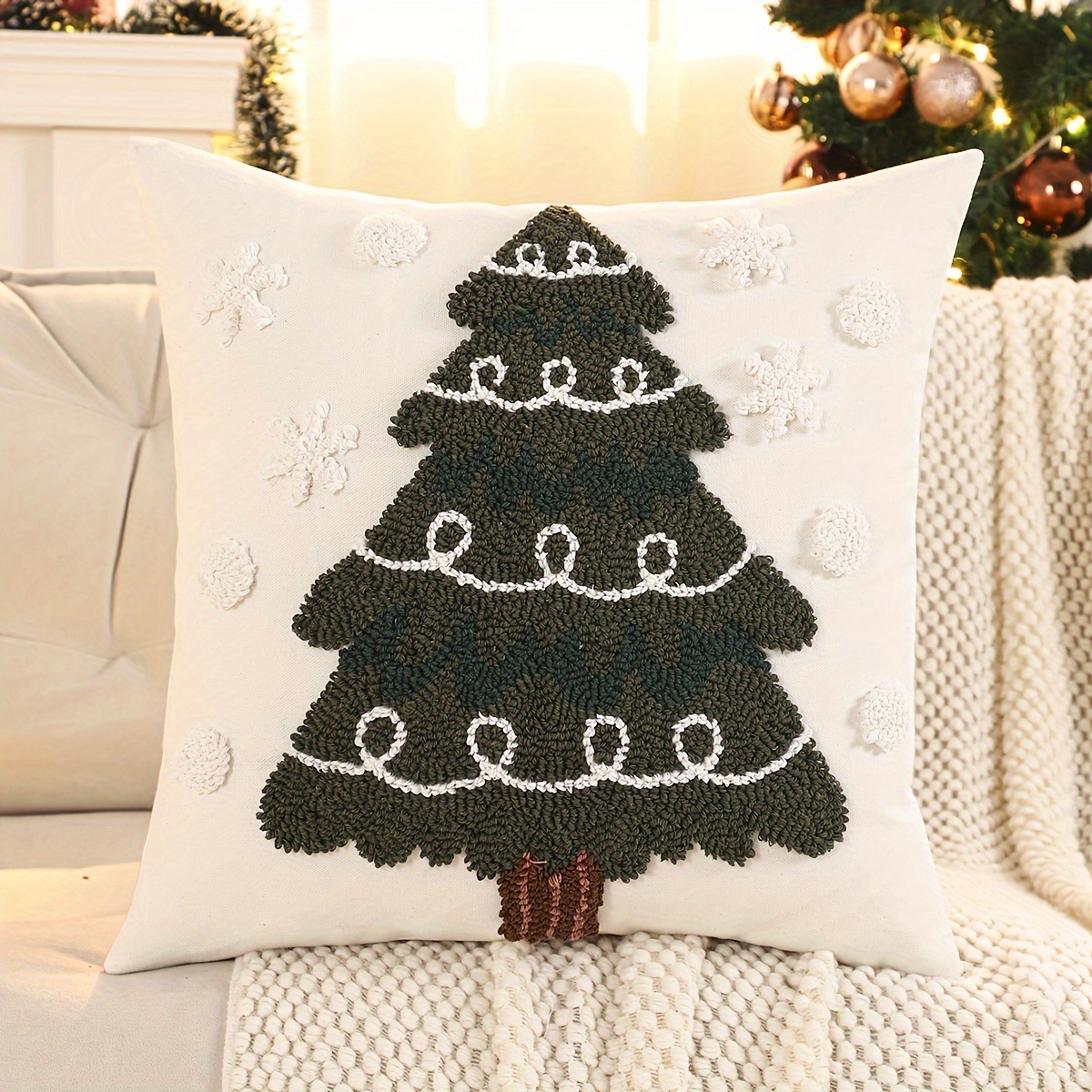 1pc Tufted Pillowcase Christmas Tree Tufted Canvas Embroidery