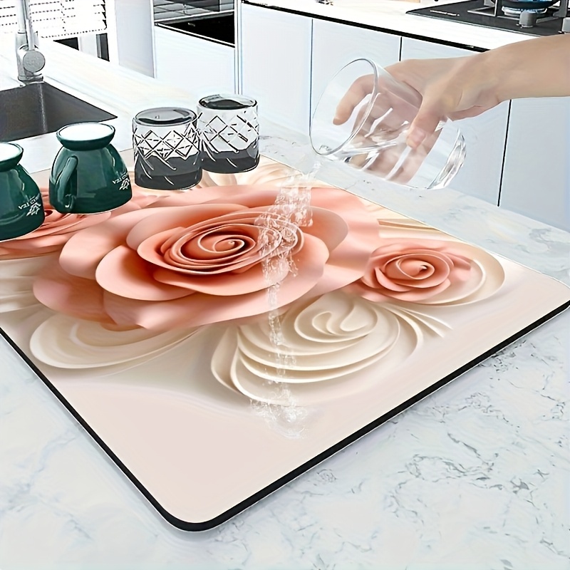 TEMU 1pc Luxury Floral Diatomite Drying Mat - Non-slip Quick-dry Absorbent Sink & Dish Drying Rack Mat Suitable, Bathroom, Coffee Machine, Bathtub -