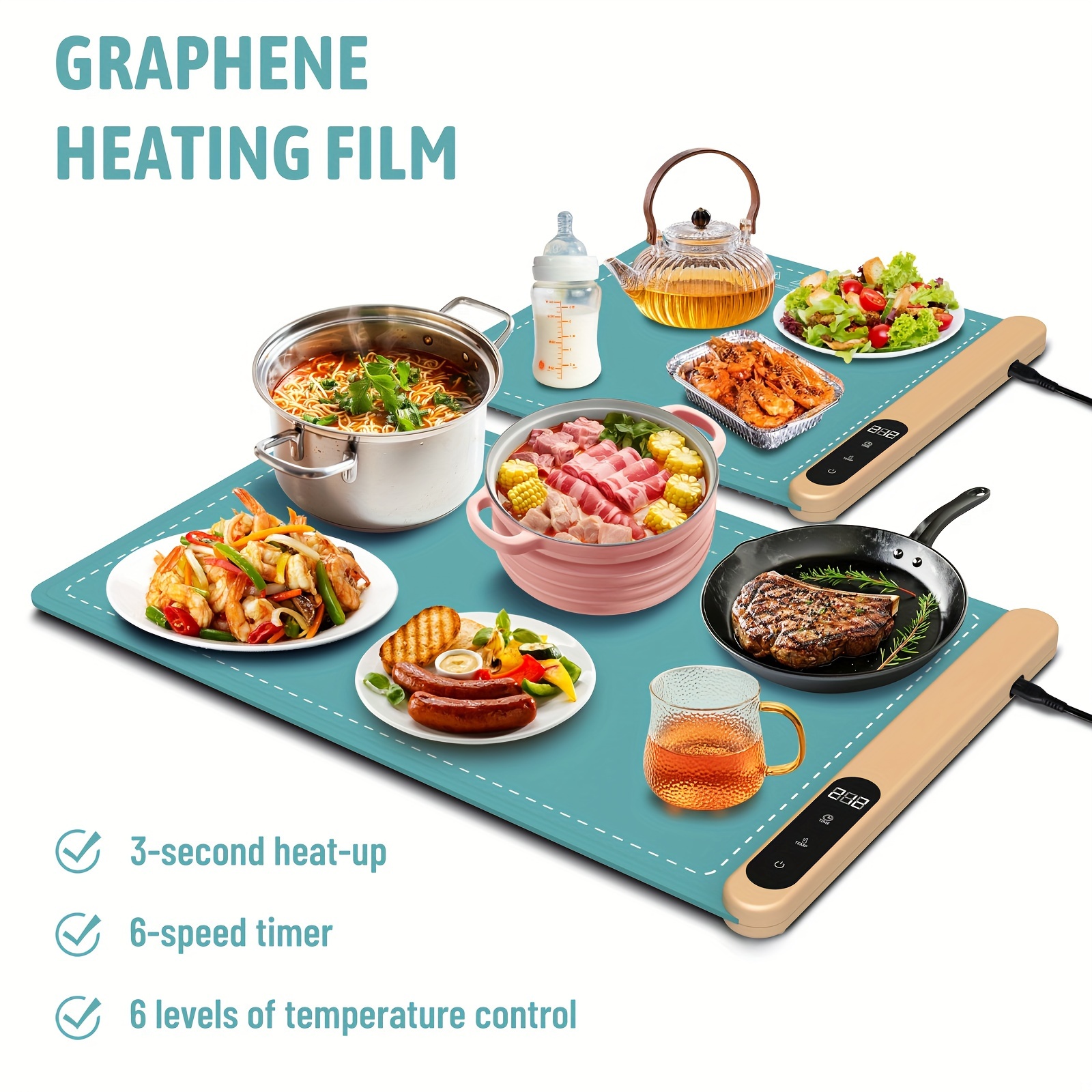 

Food Warming Mat, Electric Warming Tray - 6 Heat Settings, & Portable, Upgraded Graphene Full Surface Rapid Heating, Easy To Clean, Ideal For Parties, Buffets, And Daily Use