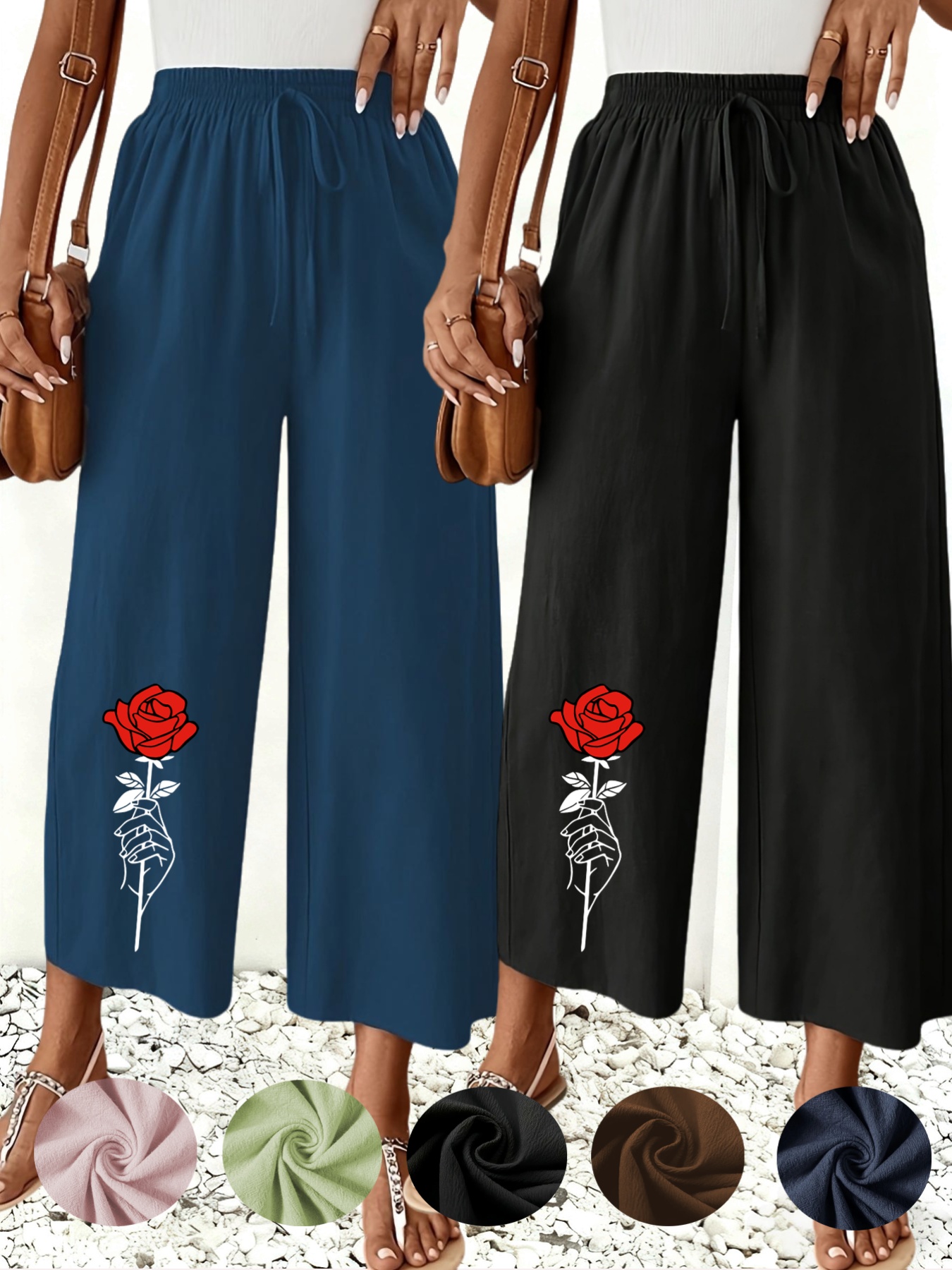 item picture 2 pack womens 9 inch cropped pants plus size 1 4xl beautiful print wide leg ankle pants for women pink green multicolor bow decoration casual straight leg pants long pants for daily work and commuting wear