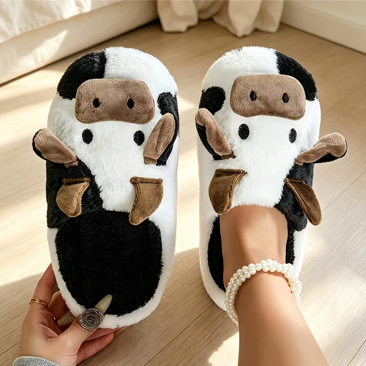 TEMU Men' & Women' Cow Print Slippers Suitable For Home - Cozy Winter Indoor With Cute Cow, Soft Sole & Round Toe, For,, - Fabric For - Use