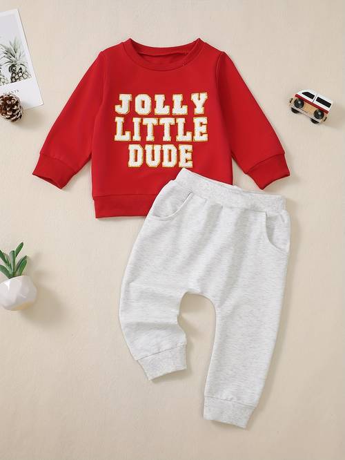 two piece baby suit with letter long sleeves and thick pants for outdoor