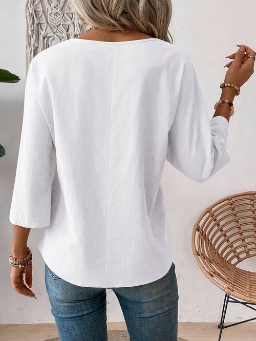 womens elegant round neck directional button shirt solid color long sleeve blouse with button detail machine washable non stretch fabric for autumn winter versatile casual formal wear winter clothing sophisticated fashion