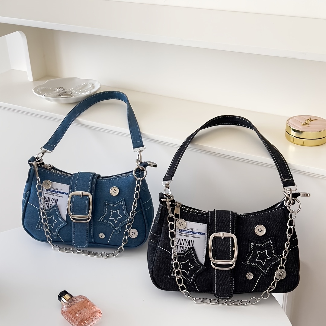 y2k star patch denim shoulder bag chain hobo - Temu
