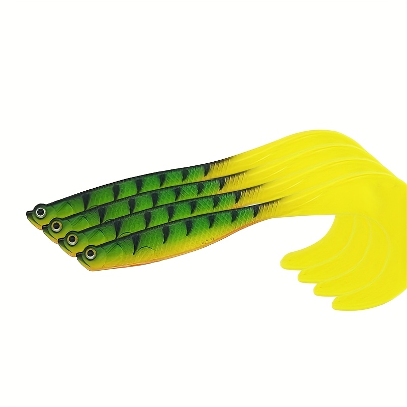 E-shop Packung mit 4 großen, schweren, weichen Ködern (12 cm/7 g) - Realistische, farbenfrohe, gebogene Schwanz-Löffel-Würmer mit Dreibacken, geeignet