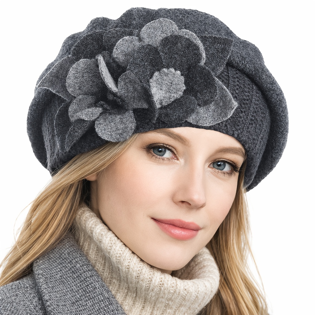 womens french beret hat wool elastic beanie floral - Temu display picture 2