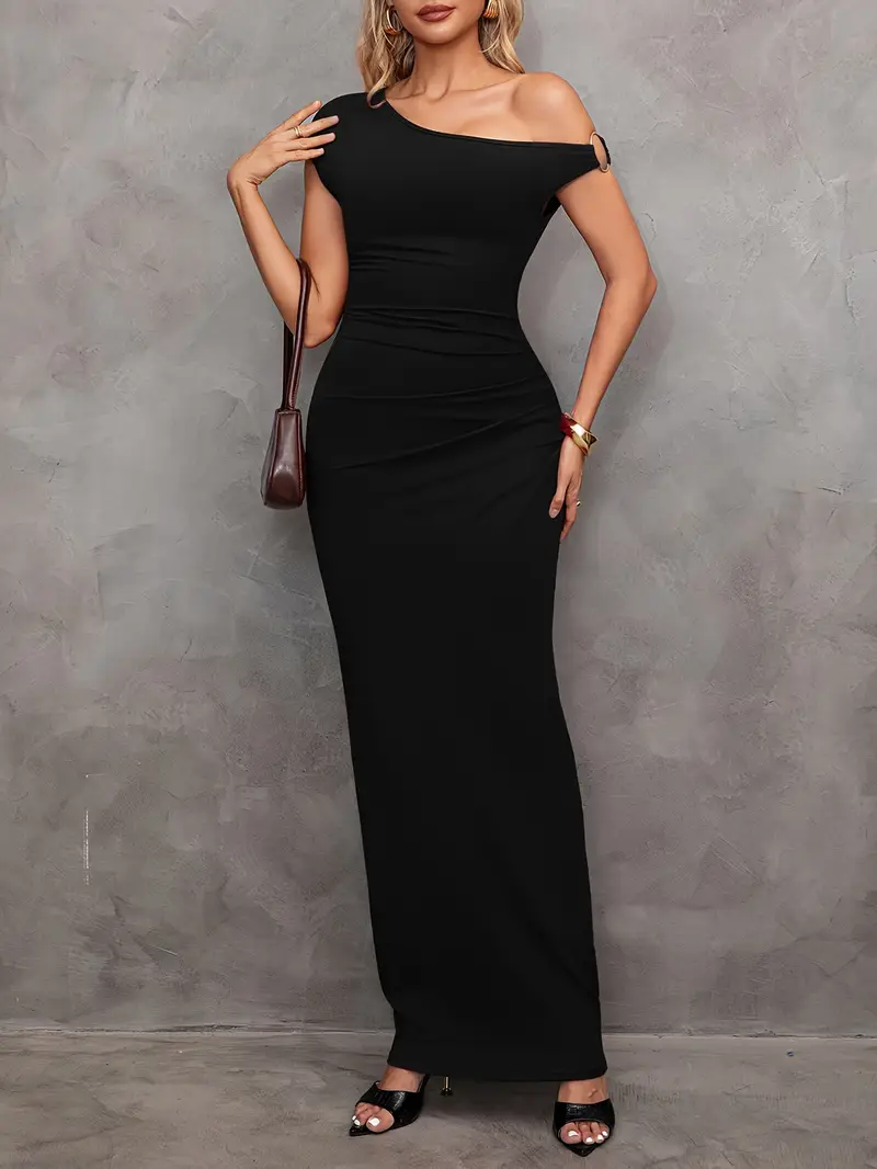 elegant one shoulder asymmetrical long dress women black - Temu elegant one shoulder asymmetrical long dress women black - Temu