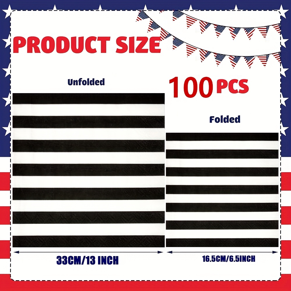 Image of 100pcs Black And White Striped Napkins Black And White Party Supplies Disposable Black And White Cocktail Beverage Party Napkins Black & White Napkins For Shower Black And White Party Decorations