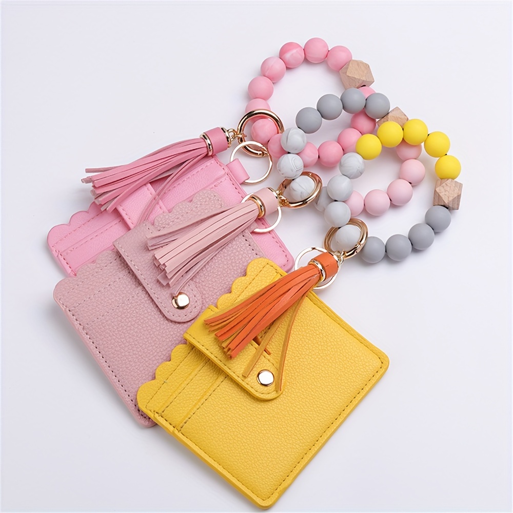 

Silicone Beaded Wristlet Keychain With Pu Leather Wallet Card Holder Candy Color Bangle Keychainbag Charm Phone Lanyard Women Daily Use Gift