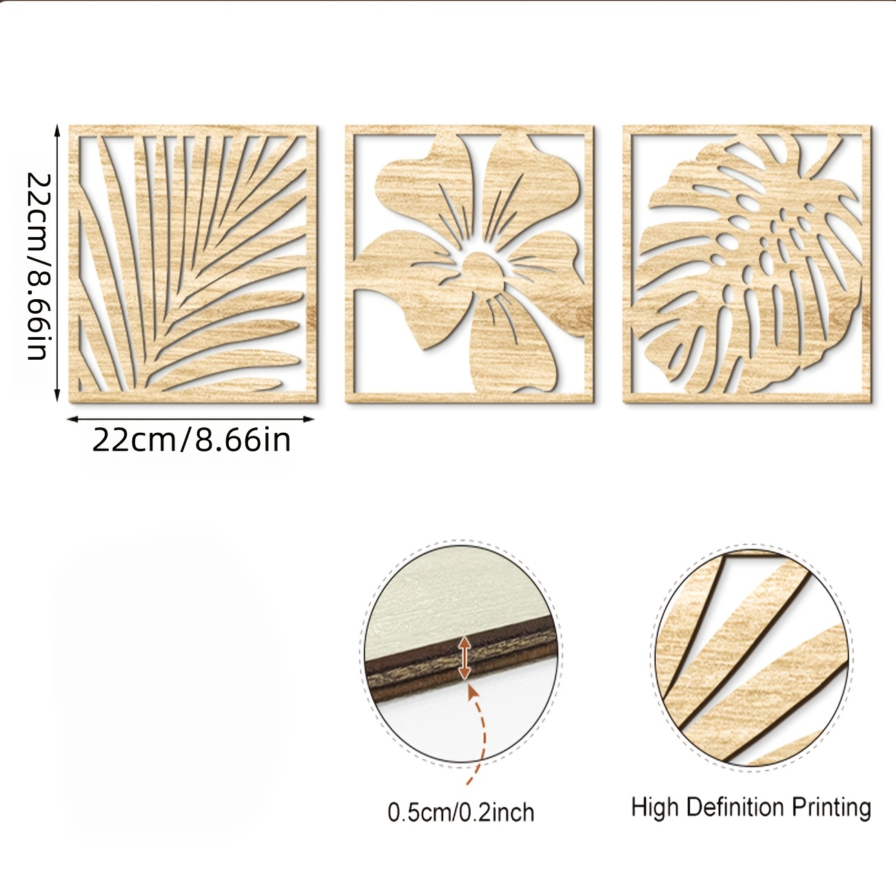 TEMU Plat 2D, Lot de 3 décorations murales plates 2D en bois avec découpes de feuille, décoration simple pour chambres d' et salons, Plat 2D