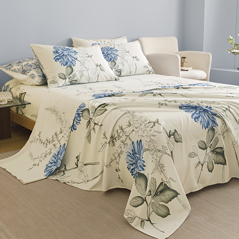 TEMU Set Of 4 Pieces Featuring A Soft And Breathable Design With Blue Flowers, Including 1 Fitted Sheet, 1 Flat Sheet, And 2 Pillowcases (without Pillow Inserts). Stylish, Fresh, Natural, And Elegant
