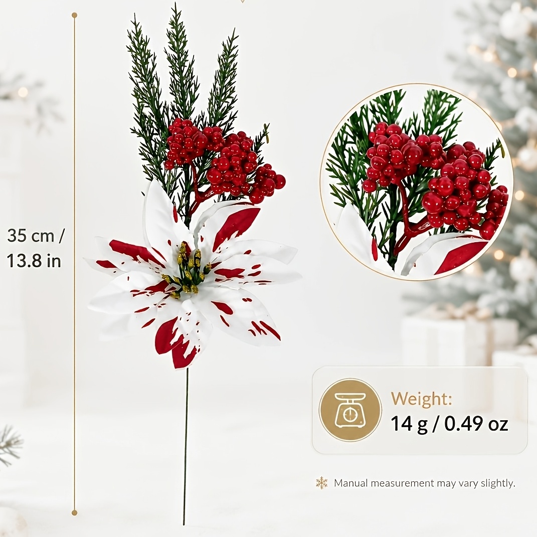 TEMU 3er-Pack 13,8-Zoll große weiße rote Weihnachts-Blumenstecker im britischen Stil mit dichten roten Beerentrauben immergrünen Zweigen, künstliche