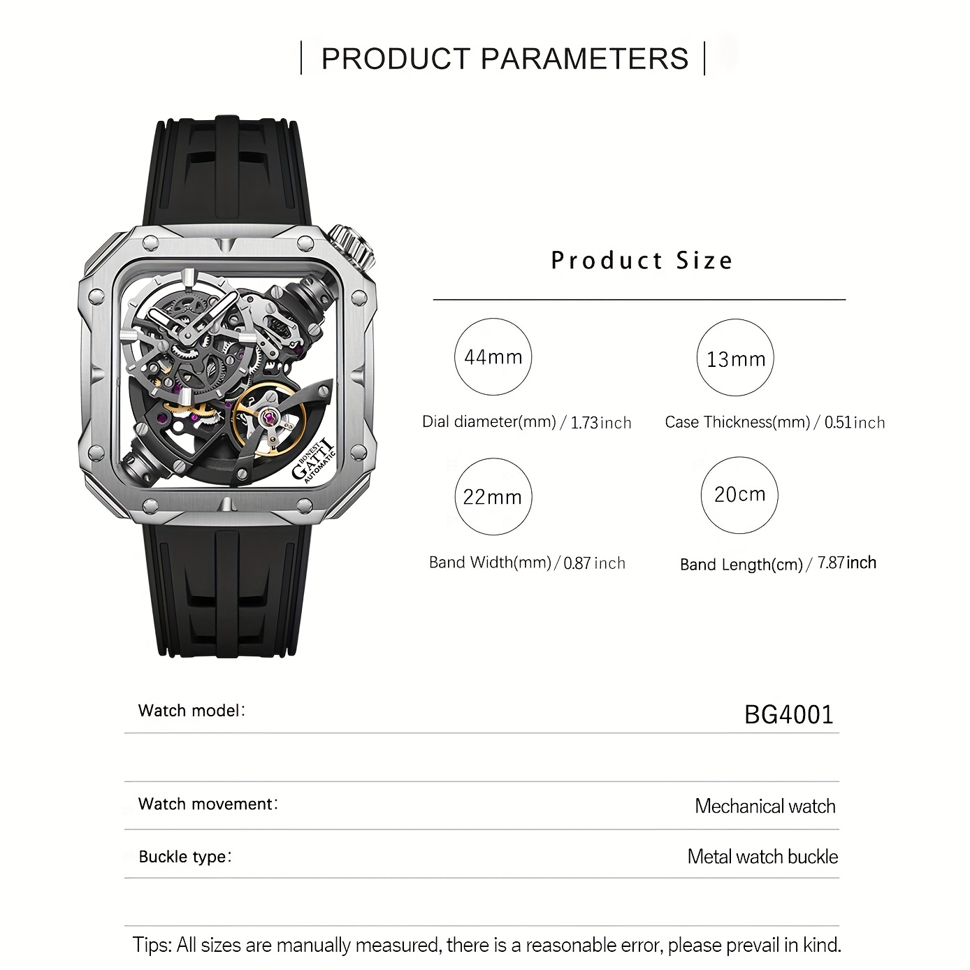 Men's Classic Square Skeleton Mechanical Watch with Fluoroelastomer Strap