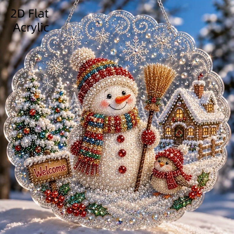 TEMU 2D-flaches Weihnachts-Schneemann-Diamantmalerei-Set mit lichtabsorbierender Platte, handgefertigt | vormontierte Metallkette, runde Acrylplatte