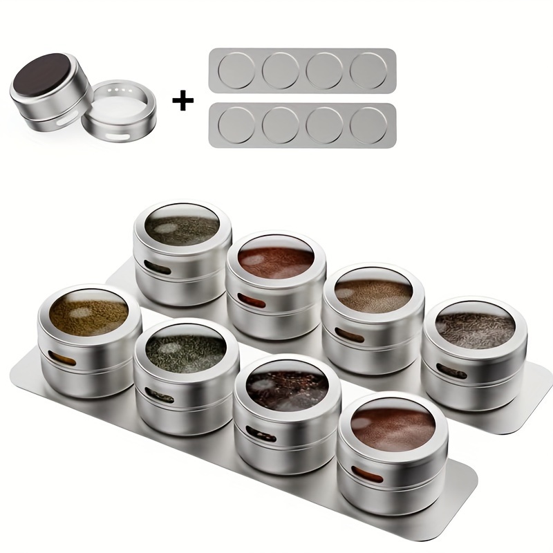 Image of 8pcs Upgraded Magnetic Spice Jar Set With 2 Metal Wall Panels, Wall-mounted Stainless Steel Spice Jars With Lids And Small Holes For Sprinkling, And Easy To Clean