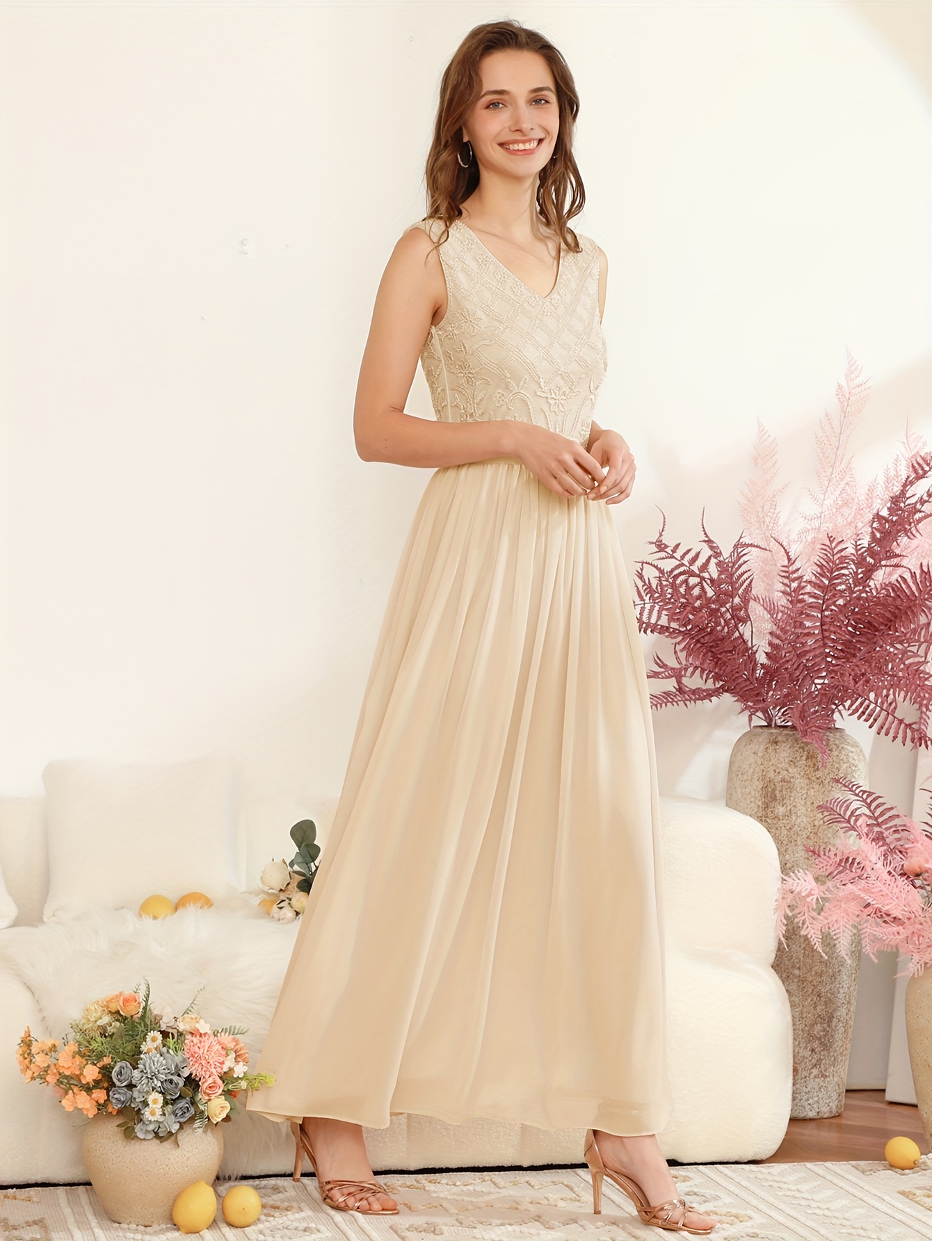 solid v neck bridesmaid dress elegant sleeve tulle dress for party banquet womens clothing