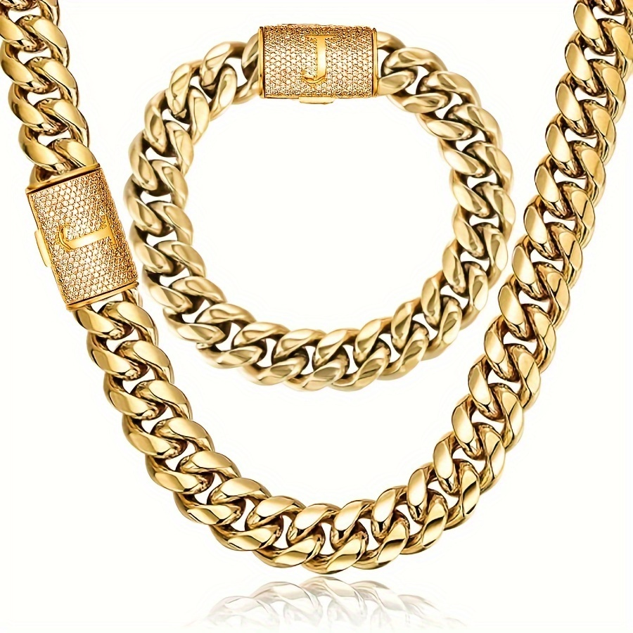 

2pcs Miami Cuban Link Chain Set For Men 18k Golden Plated Stainless Steel Cut Diamond Initial Bracelet Necklace Hip Hop Jewelry Set