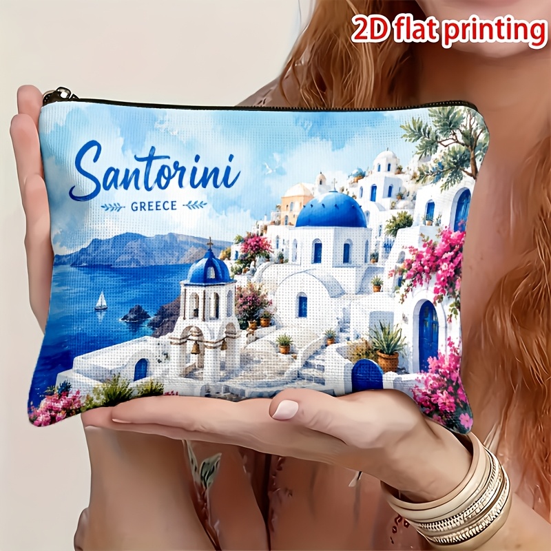 TEMU 1pc Bolso de Maquillaje Estampado 2D con de Santorini Azul y , Banner de Texto de Playa, Estampado , Bolso de Almacenamiento de Belleza
