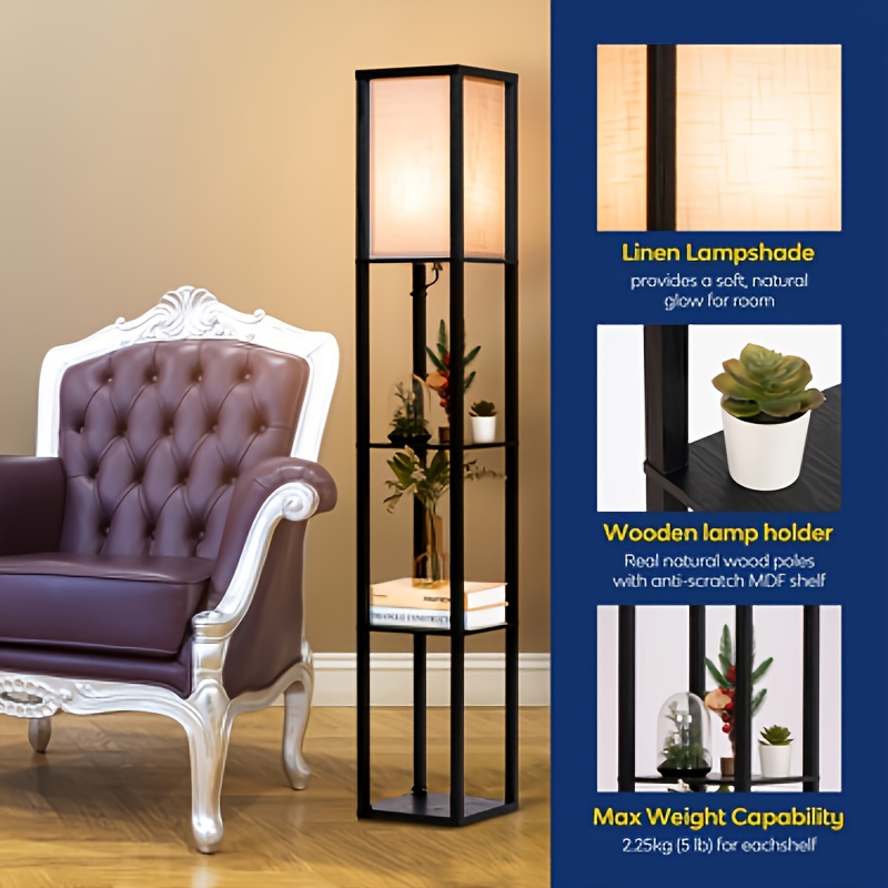 Black Floor Lamp with Wooden Shelf, LED Lighting, Suitable for Living Room, Bedroom, Office, Mother's Day Gift, Gifting, Women's Preference, Stylish and Attractive Design