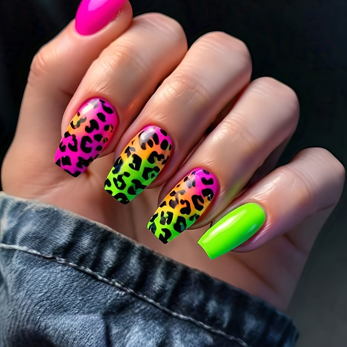 TEMU 24pcs Of Square Pressed Nails With Color Gradient Leopard Print Patterns, Fully Covered With , Are Artificial Nails Suitable For Women' Party Nail Art Decoration