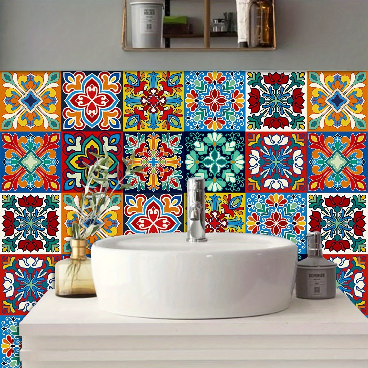 

10pcs/set, Square Colorful Floral Pattern Tile Stickers, Self-adhesive Removable, Oil-proof Waterproof Wall Decals, Vinyl Material, For Home Kitchen Living Room Bathroom Renovation Decor