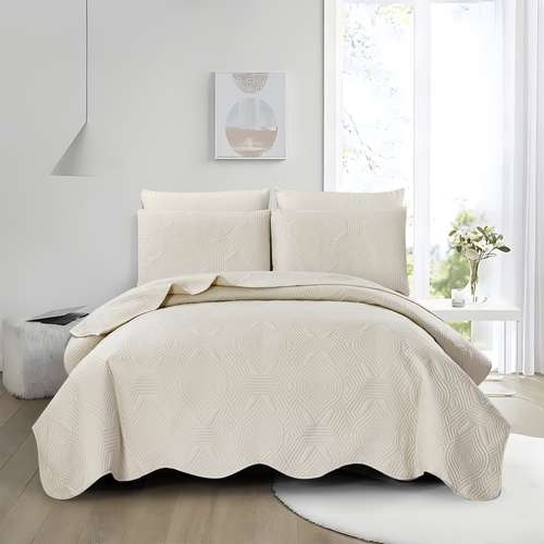 3-Piece Quilted Bedspread Set | Super King Size Embossed Bedding By Mia | OEKO-TEX