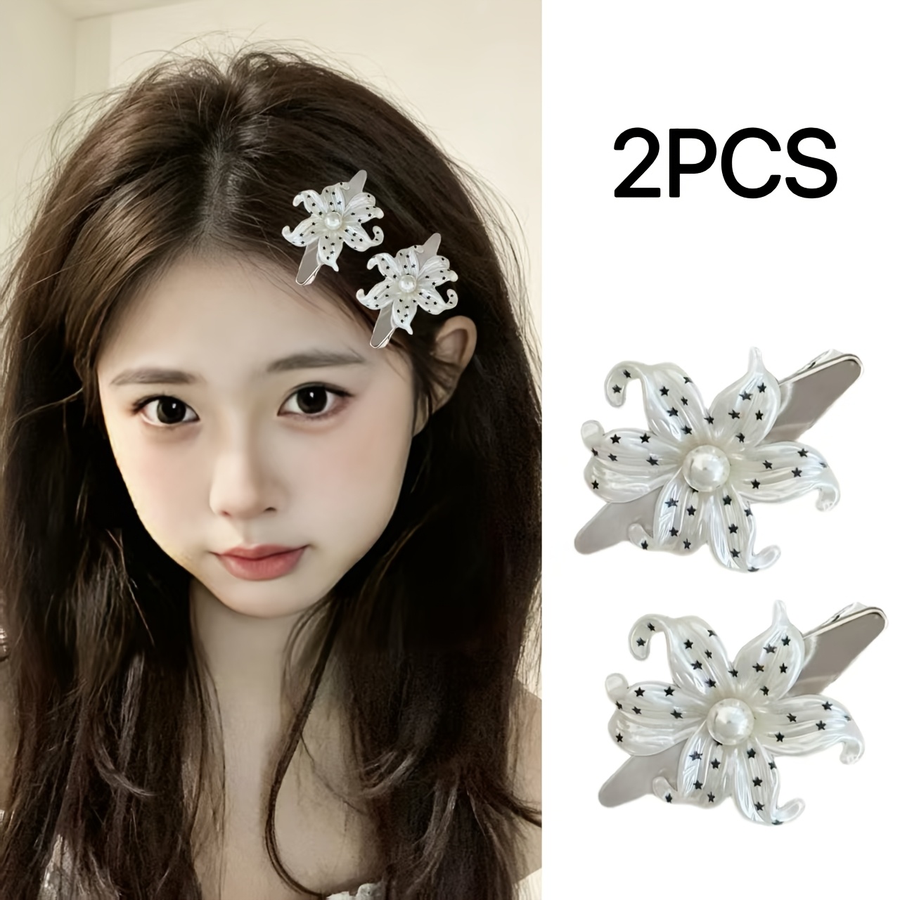 2pcs French-Style White Polka Dot Flower Hair Clips Set
