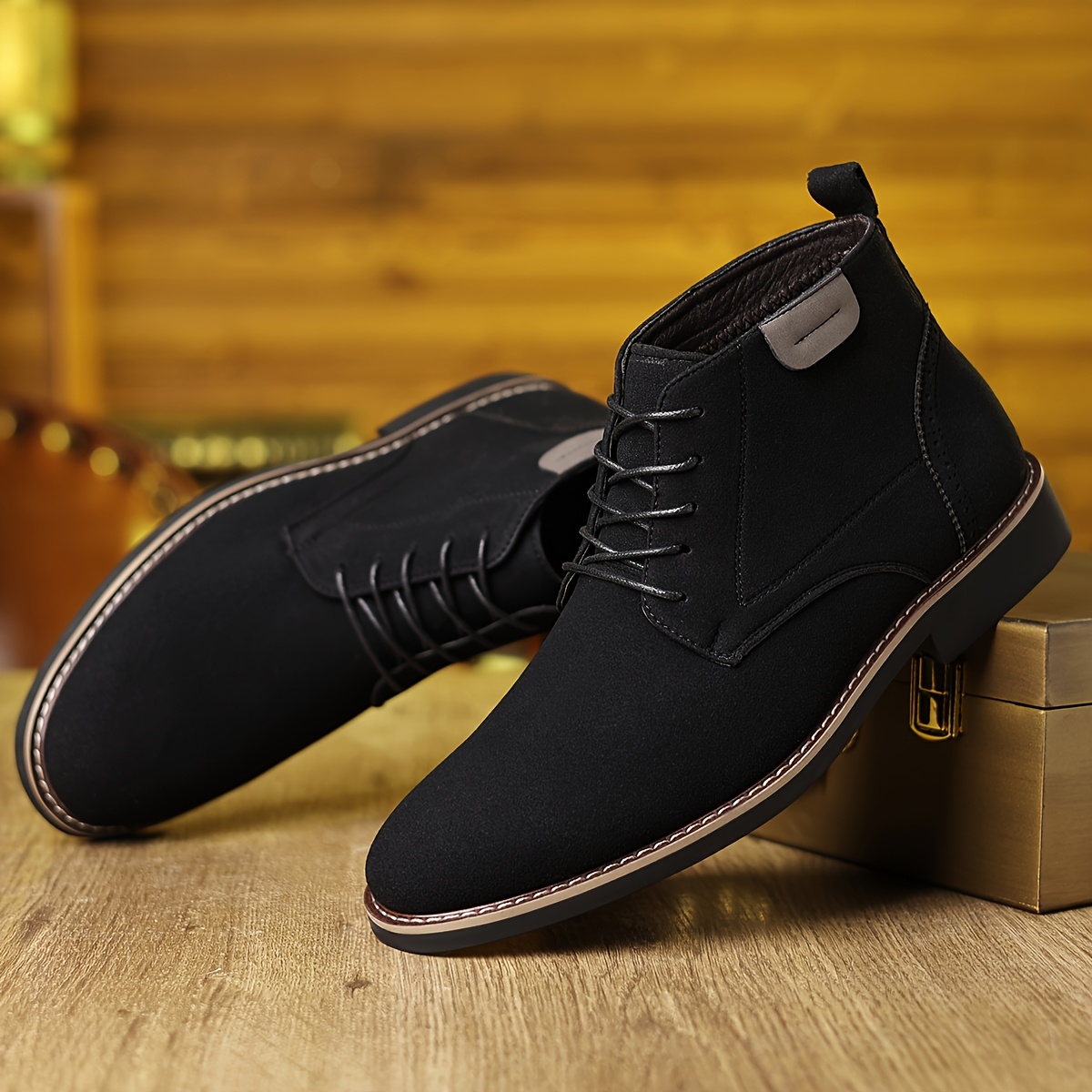Men's Black Business Casual Shoes - Retro Mid-Top Lace-Up Pointed Toe with -Like Upper & Rubber Sole, All-Season Versatile for Office, Parties, Daily Wear, Office Boots | Sleek Laceup Boots | Durable Rubber Sole, Dressy Shoes