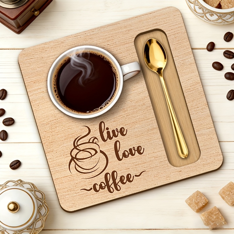 TEMU 1pc Live Streaming Love Coffee Wooden Tray, Father's Day Gift, Coaster With Spoon Slot, Father's Birthday Gift, Coffee Lover Gift, For Who While
