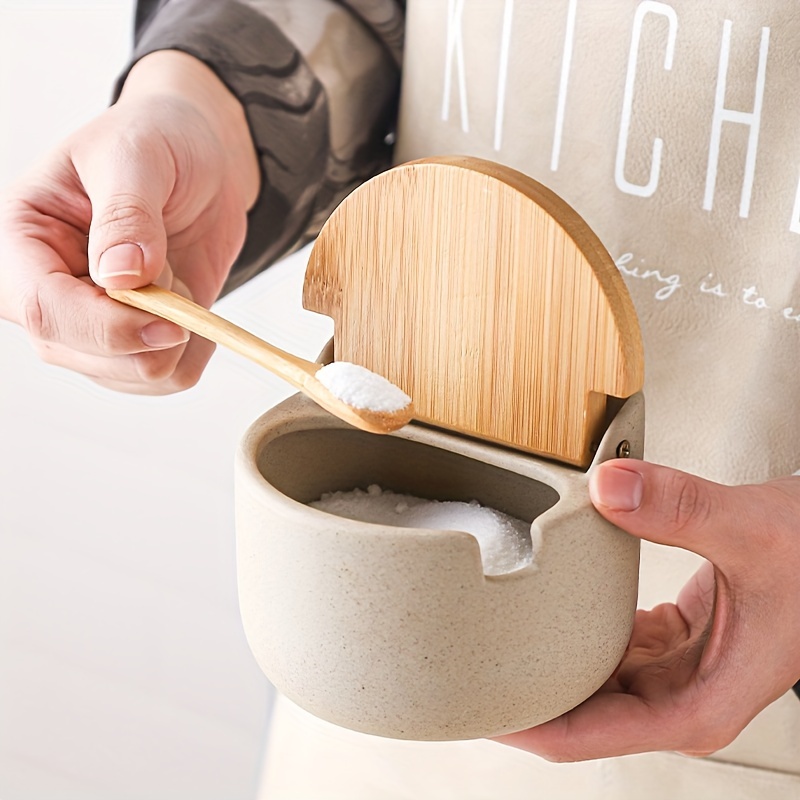 Japanese-style Ceramic Seasoning Jars With Bamboo Lids, Perfect For Kitchen Storage Of Spices And Condiments, Suitable For Home And Restaurant Use