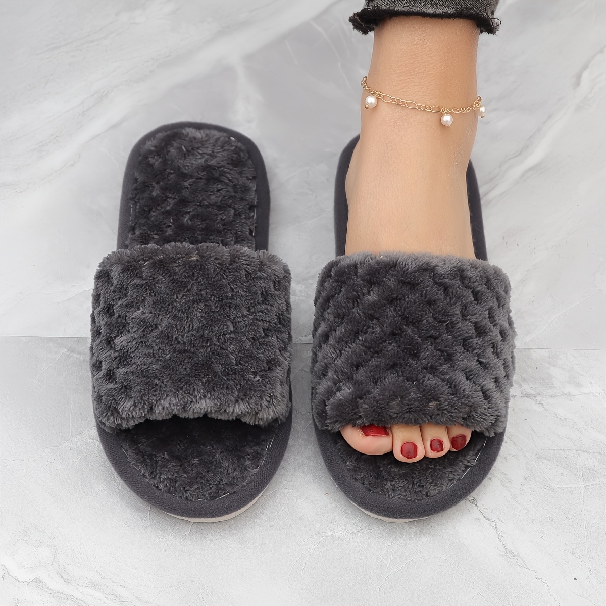 

Women's Autumn And Winter Slippers, Fashionable Indoor Warm Plush Slippers With Open Toes