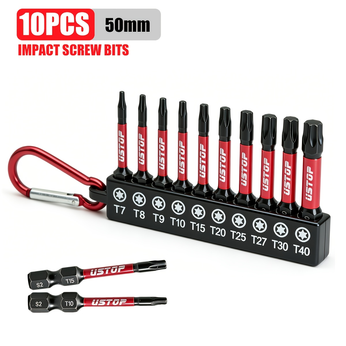 Image of Ustop 10pcs Star-shaped Impact Bit Set With Carabiner Clip, Universal For Multiple Models, 50mm, Magnetic Torx Bit, S2 Steel Material, Compatible With Electric Screwdrivers