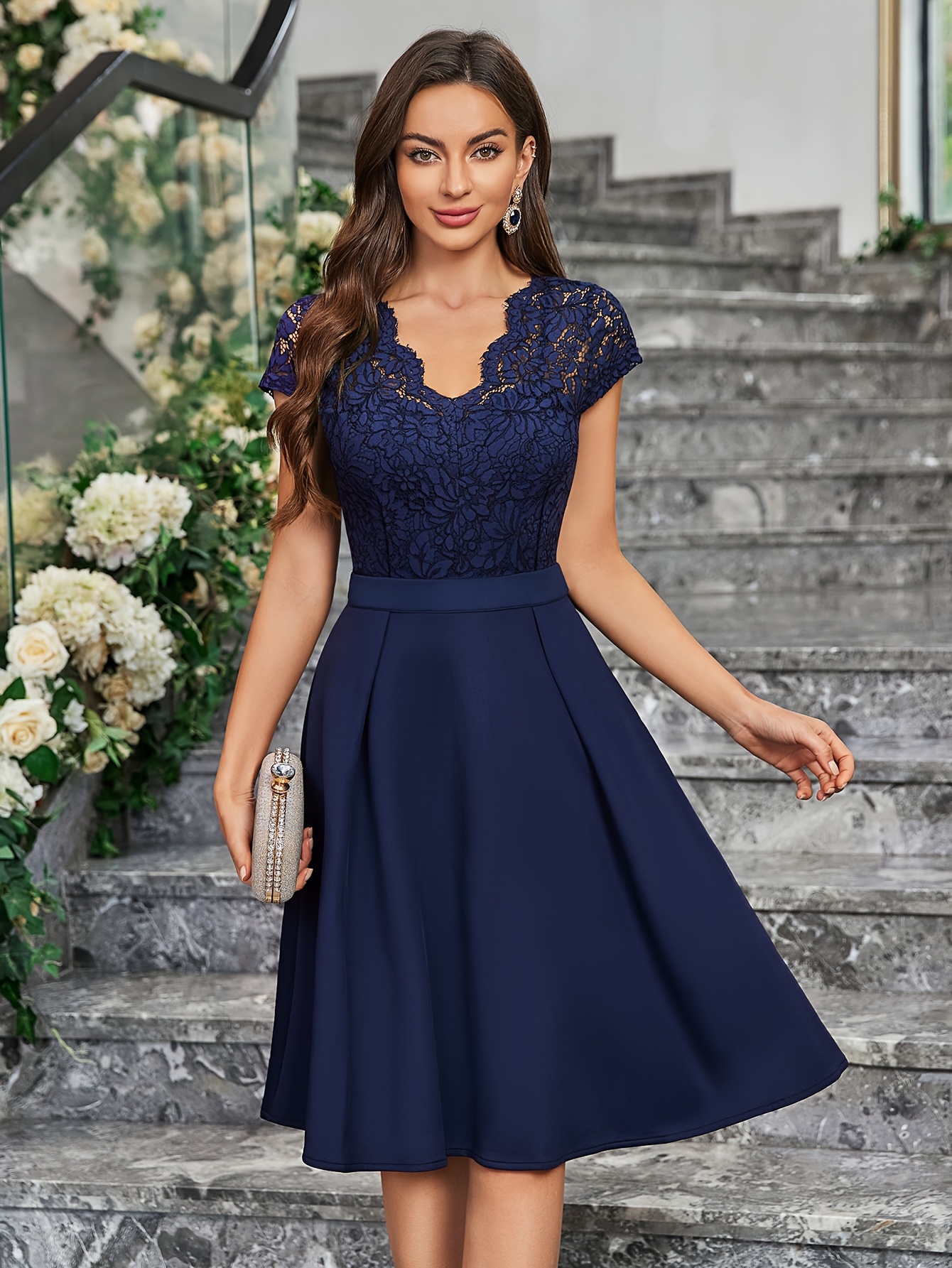 chinese dress ladies Zapaka Women Navy Lace A-Line Long Mother of The Bride Dress High Neck Long Sleeves Wedding Guest Dress, Navy / US22W