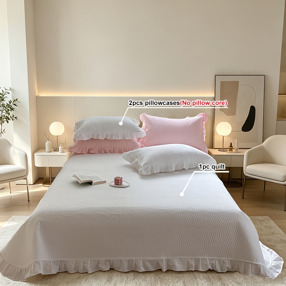 TEMU Solid Color Ruffle Trim Thin Quilt 2/3pcs Bedding, 1 Summer Quilt And 1/2 Pillowcases (pillows Not Included), Breathable Wave Quilted Bedspread,