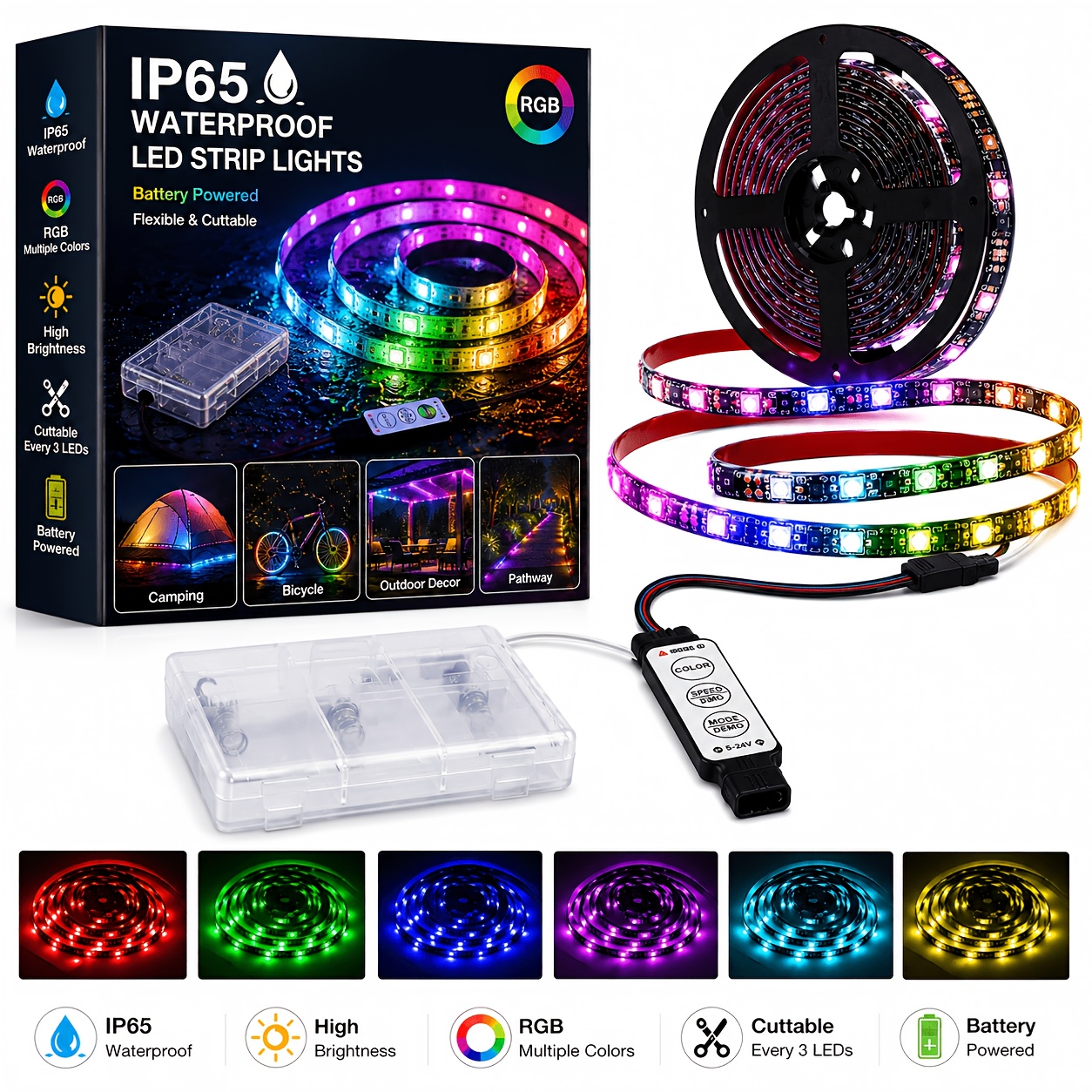 TEMU Led Strip Lights Battery Powered, Rgb Led Lights Strip Battery Operated 3 Keys Controller Battery Led Lights Strip Waterproof Color Changing Led