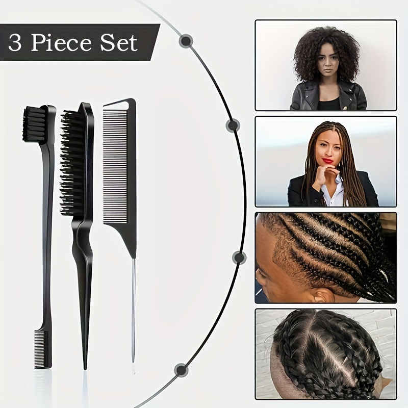 a set of 3 for edge brushes and combs designed for controlling for edges of wigs and hair featuring a double sided hairline brush and a smoothing comb Product details 2