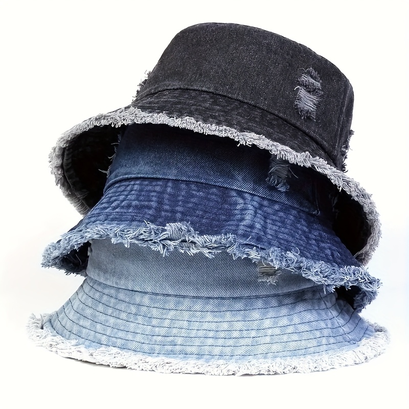 1pc mens distressed denim bucket hat frayed edges - Temu display picture 1